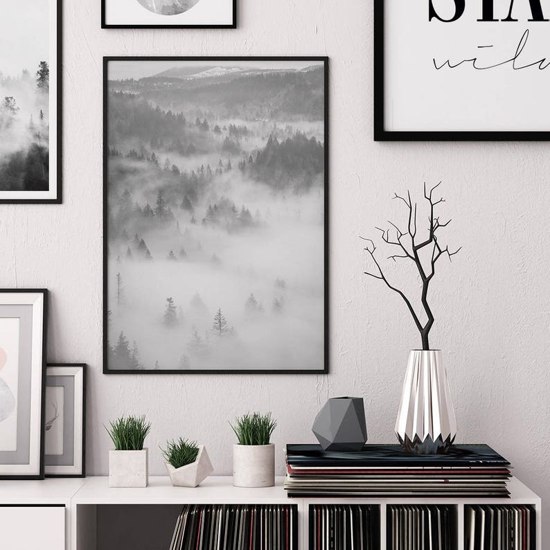 May include: A black and white photograph of a foggy forest landscape. The photo is framed in a black frame and is hanging on a white wall.
