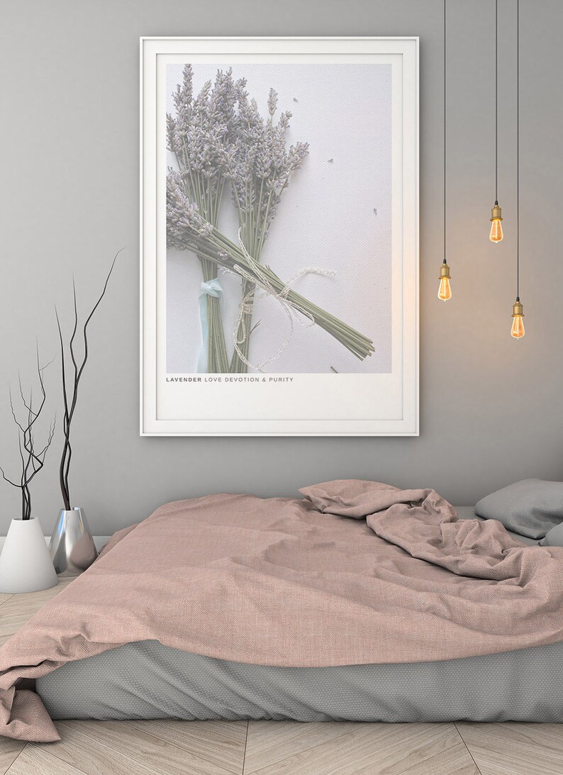 May include: A framed print of a bouquet of lavender flowers with the text "Lavender Love Devotion & Purity" at the bottom.