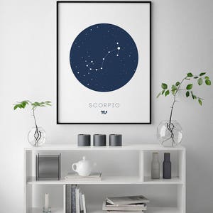 Puede incluir: Una impresi&oacute;n enmarcada en negro con un c&iacute;rculo azul que representa la constelaci&oacute;n de Escorpio con estrellas blancas. El texto "SCORPIO" y el s&iacute;mbolo astrol&oacute;gico de Escorpio est&aacute;n impresos debajo del c&iacute;rculo.