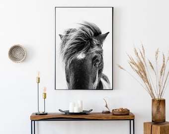 Black Horse Print Scandinavian - Minimalist Animal Wall Art Poster, Nordic Farmhouse Home Decor Black White (Digital Download)