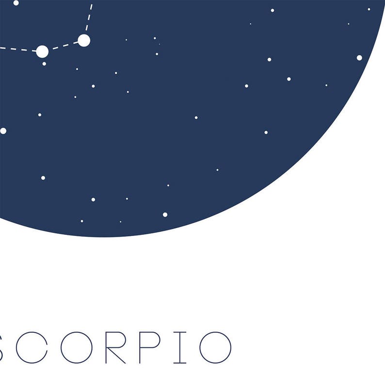 Puede incluir: Un fondo azul oscuro con estrellas blancas y una constelaci&oacute;n de estrellas conectadas por l&iacute;neas blancas. La constelaci&oacute;n est&aacute; etiquetada como "SCORPIO" en texto blanco.