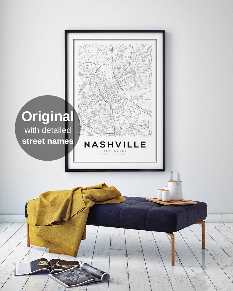 Nashville City Map Print, Nashville Tennessee, Street Map Print, City Map Wall Art, Tennessee Map, Nashville Map Poster, Modern Home Decor image 1