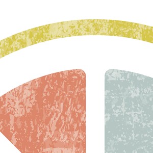 May include: Abstract graphic design featuring a yellow arc and three textured shapes in coral, light blue, and black. The design has a distressed, vintage aesthetic, with a white background.