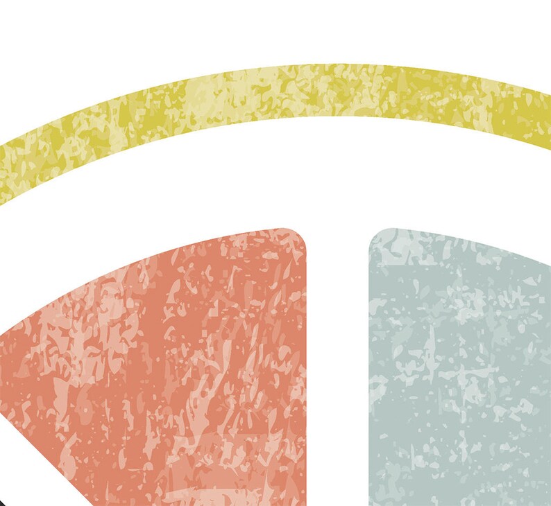 May include: Abstract graphic design featuring a yellow arc and three textured shapes in coral, light blue, and black. The design has a distressed, vintage aesthetic, with a white background.