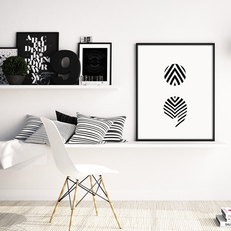 Semicolon print, minimalist print, Scandinavian print, black and white print, modern minimalist, modern decor, digital wall art, digital art image 1