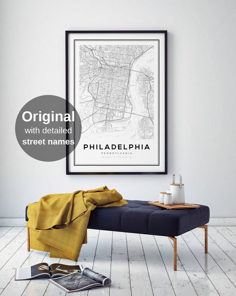 Philadelphia Map, Philadelphia Map Print, Pennsylvania Map, United States Map Print, Philadelphia Pennsylvania, Black and White Map image 1