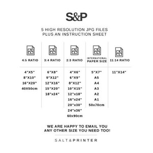以下が含まれることがあります： 「S&P」の文字と、4:5、3:4、2:3の比率や、4"x5"、8"x10"、16"x20"、40x50cmなどのサイズを含む高解像度JPGファイルの詳細が記載された白いグラフィック。また、「ご希望のサイズをメールでお送りします！」というテキストも含まれています。