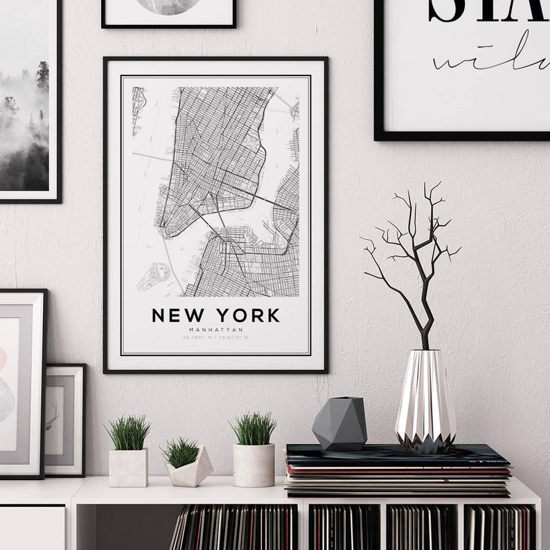 New York Map Print, Printable Wall Art, NYC Map, Manhattan Map Poster, NYC, United States Map Print, New York City, Black and White Map image 2