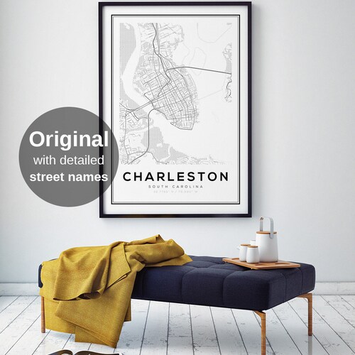 Charleston Map Print, Cartes, Impression de carte, Affiche de carte de Charleston, Cartes de Caroline du Sud, Caroline du Sud, États-Unis, Affiches de carte des États-Unis, Impression de carte de rue