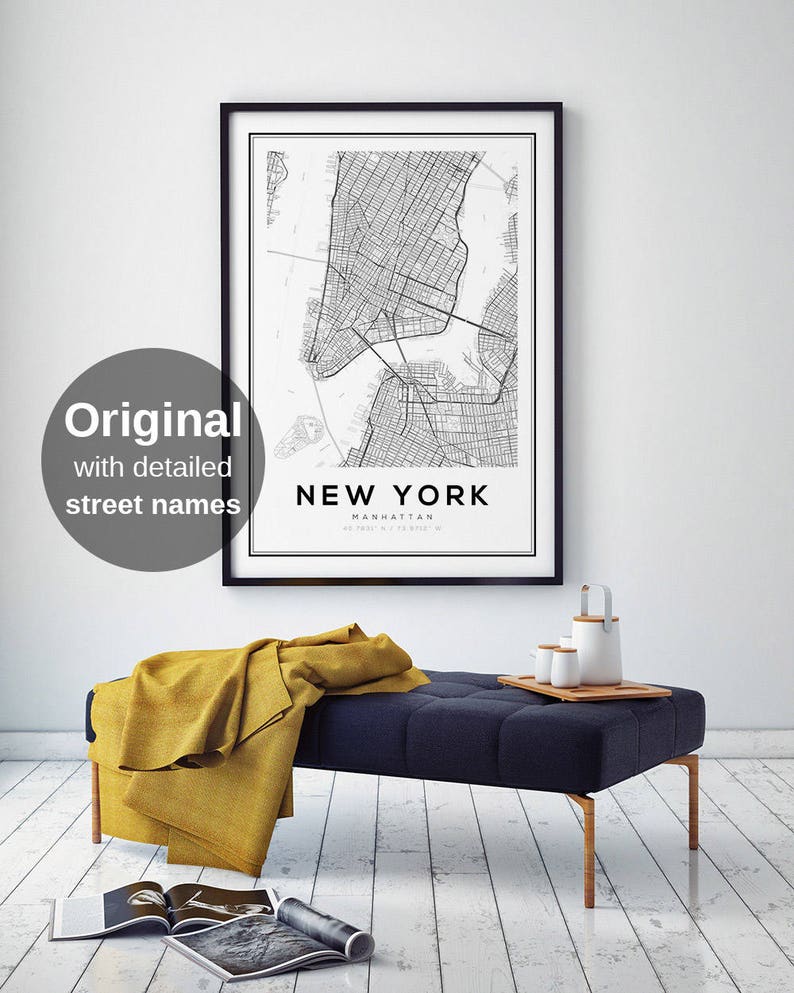 New York Map Print, Printable Wall Art, NYC Map, Manhattan Map Poster, NYC, United States Map Print, New York City, Black and White Map image 1