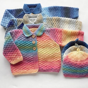 Hand Knit Cardigan and Matching Hat 3-6 months, 3 Colourways