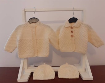 Cream, Hand Knit Cardigan and Matching Hat 3-6 months, 2 Designs