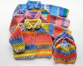 Hand Knit Cardigan and Matching Hat 3-6 months, 3 Colourways