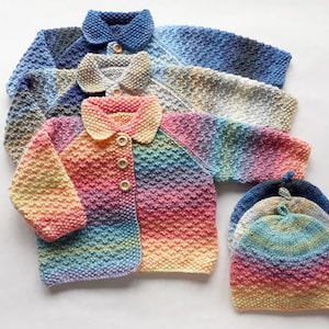 Hand Knit Cardigan and Matching Hat 3-6 months, 3 Colourways