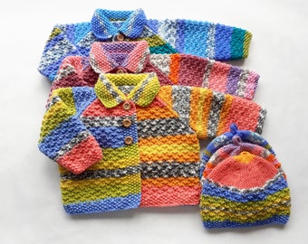 Hand Knit Cardigan and Matching Hat 3-6 months, 3 Colourways