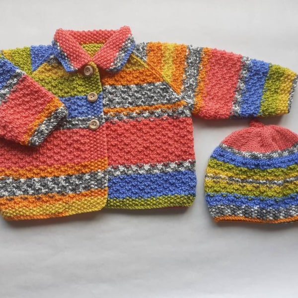 Hand Knit Cardigan and Matching Hat in Multi  Colourway. 6-9 months