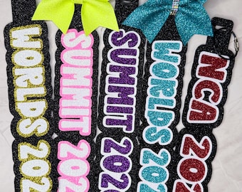 Summit Worlds Glitter Cheer Bow Tag Pin Me Bag Personalized Season Customizable Competition