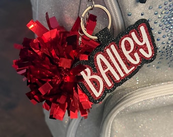 NEW! Custom Pom Glitter Bag Tags Keychains - Cheer, Dance, Gymnastics, Volleyball