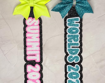 Summit Worlds Glitter Cheer Bow Tag Pin Me Bag Personalized Season Customizable Competition