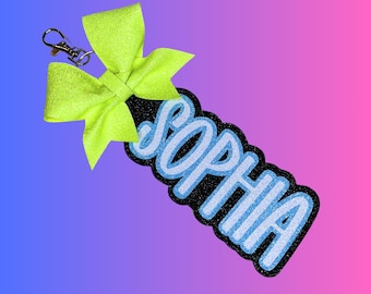Custom Glitter Cheer Bow Tag 30 COLORS available! Bag Team Name Glitter AllStar Personalized Customizable Cheerleader Gift Dance Homecoming