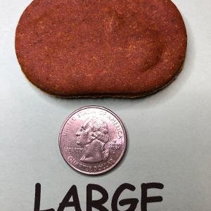 May include: A large, oval-shaped, terracotta-colored clay disc. The disc is about the size of a quarter.