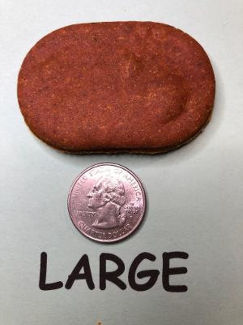 May include: A large, oval-shaped, terracotta-colored clay disc. The disc is about the size of a quarter.