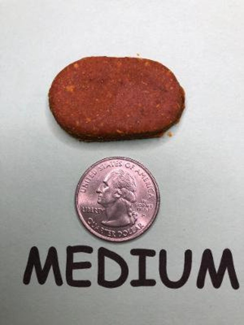 May include: A medium-sized, oval-shaped, orange-brown dog treat. The treat is about the size of a US quarter.