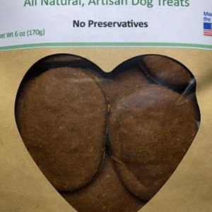 May include: A brown paper bag with a heart-shaped window showing peanut butter dog treats. The bag has the text "PEANUT BUTTER" in large letters and "All Natural, Artisan Dog Treats" in smaller letters. The bag also has the text "No Preservatives" and "Net Wt 6 oz (170g)".