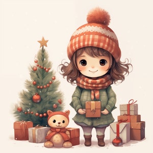 Süße Weihnachtsszene mit kleinem Mädchen und ihrem Haustier zum Herunterladen / Ausdrucken