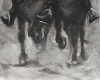 Tolting Horses ~ Black and White Rustic Barn Painting