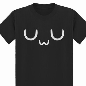 May include: Black t-shirt with a white "uwu" face graphic.