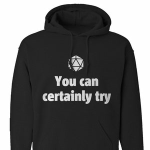 May include: Black hooded sweatshirt with a white graphic of a twenty-sided die and the text "You can certainly try."