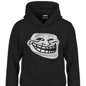 May include: Black hooded sweatshirt with a white troll face graphic. The troll face is grinning with a mischievous expression.