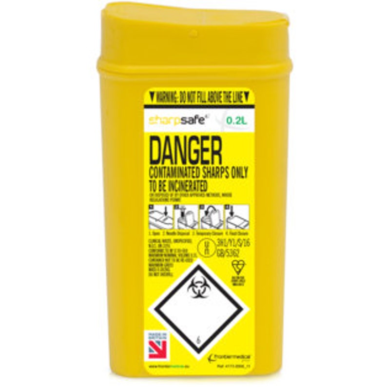 A box of full sharps. Sharp disposal containers. only sharps and bits.