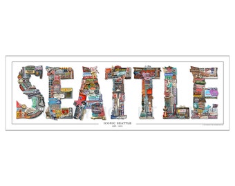 Seattle Photomontage Poster: Iconic City Landmarks Art Print (8x20)
