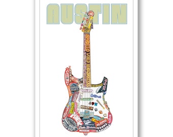 Puede incluir: Una ilustración colorida de una guitarra hecha de anuncios y logotipos vintage de Austin, Texas. El texto "Austin" está en la parte superior de la imagen, y el texto "Live Music Capitol Est. 1839" está en la parte inferior.