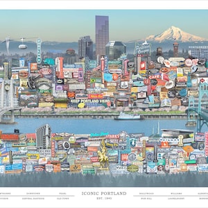 Portland Oregon Cityscape Poster: Iconic Landmarks Art Print