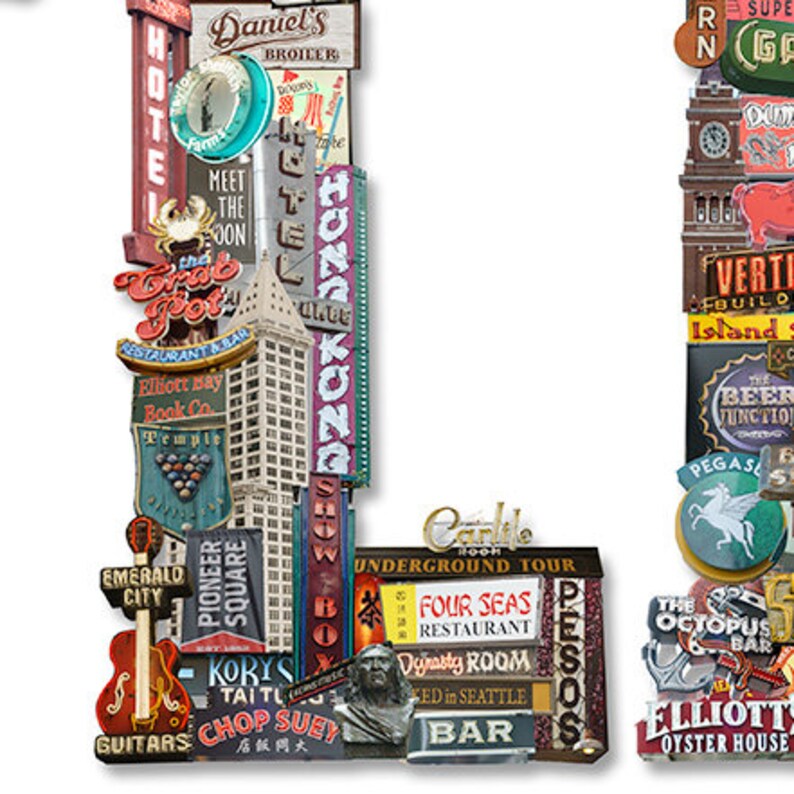 May include: A colorful collage of vintage signs and logos from Seattle, Washington. The signs are arranged in the shape of the letter L. Some of the signs include "Daniel's Broiler", "Hong Kong", "The Crab Pot", "Elliott's Oyster House", and "Four Seas Restaurant".
