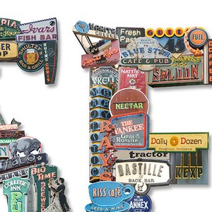 May include: A collage of vintage-style signs with various business names and slogans, including "Ivars Fish Bar", "Blue Star Cafe & Pub", "The Yankee Grill & Roaster", "Daily Dozen Doughnut Company", "Bastille Back Bar", and "Riss Cafe".