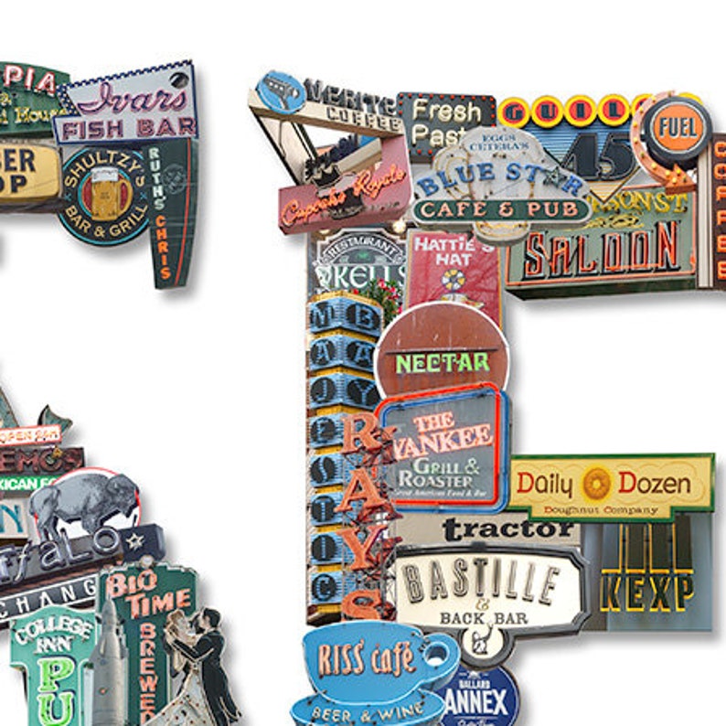 May include: A collage of vintage-style signs with various business names and slogans, including "Ivars Fish Bar", "Blue Star Cafe & Pub", "The Yankee Grill & Roaster", "Daily Dozen Doughnut Company", "Bastille Back Bar", and "Riss Cafe".