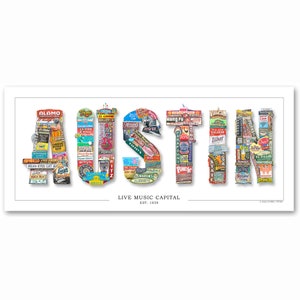 Lettered Austin Photomontage Poster - All the iconic places in Austin in one poster- Austin Texas