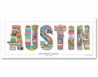 Lettered Austin Texas Poster: Iconic City Photomontage Art Print