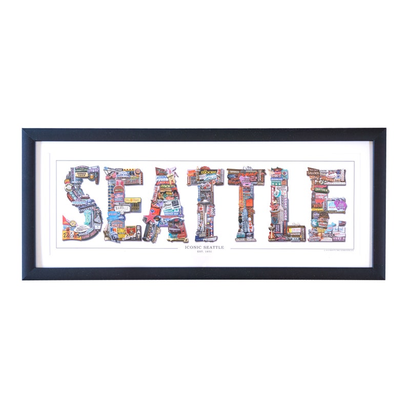 May include: A framed print of the word "SEATTLE" made up of small images of iconic Seattle landmarks. The text "ICONIC SEATTLE EST. 1851" is printed below the word.