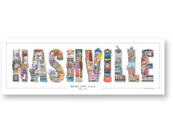 Lettered Nashville Photomontage Poster: Iconic Music City Art (8x20)