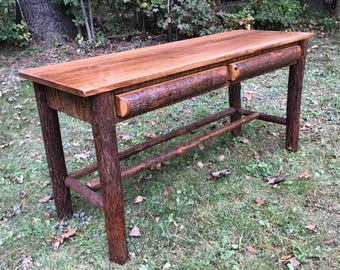 Handcrafted Rustic Furniture, Hickory Log Writing Desk, Lodge Furniture, Office Furniture, Mountain Furniture, Table, Vanity, Bark, Bedroom