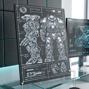 Das perfekte Geschenk für Gamer und Nerds: Das 3D Wandbild Mecha Vanguard Blueprint bringt eine detailreiche Mech Roboter Schematic