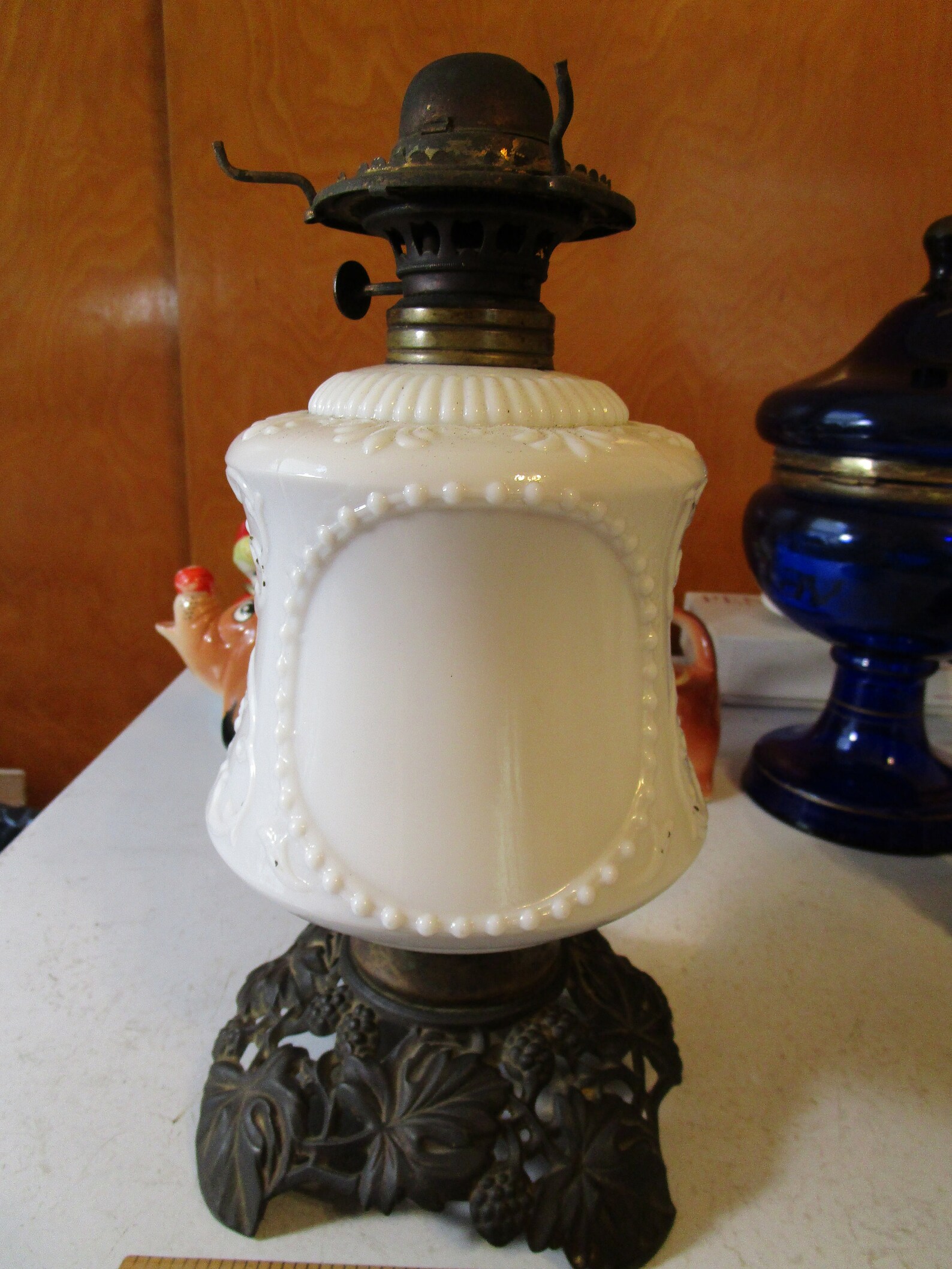 Antique Milk Glass Oil Lamp w/ Metal Berry &Ivy Base Post Etsy