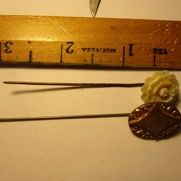 2 Vintage Hat Pins White Celluloid or Bakelite Flower & Metal Gold Tone Ornate Pin.