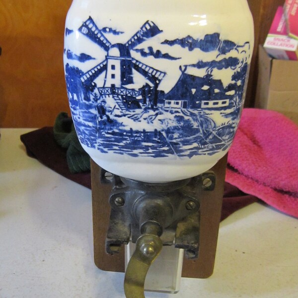 Vintage Delft Coffee Bean Grinder Mounted on Wood Plaque