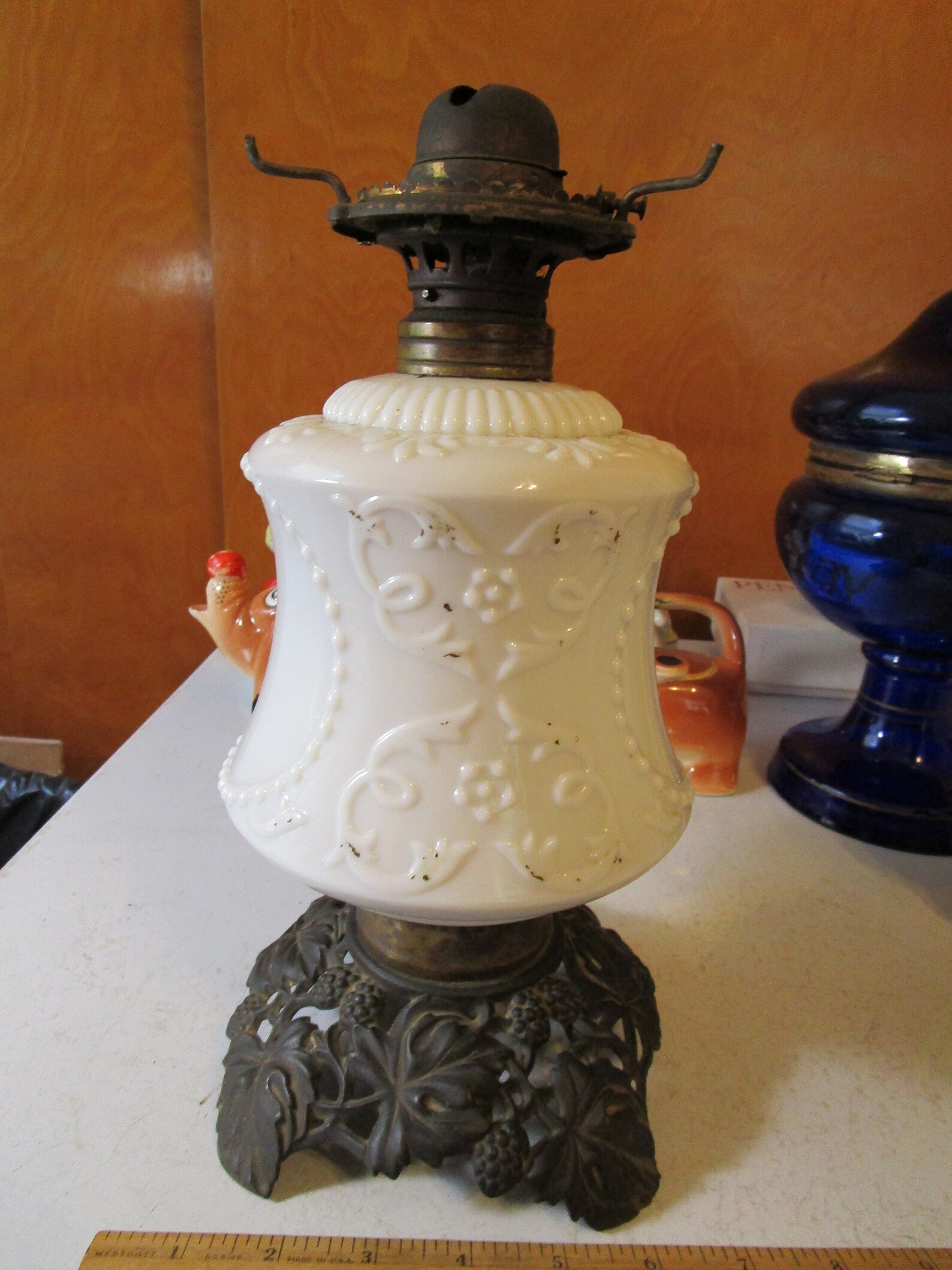 Antique Milk Glass Oil Lamp w/ Metal Berry &Ivy Base Post Etsy